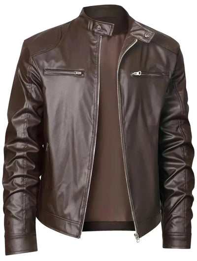 Men's Stand-up Collar Slim Fit Leather Jacket Zipper Pocket Decoration