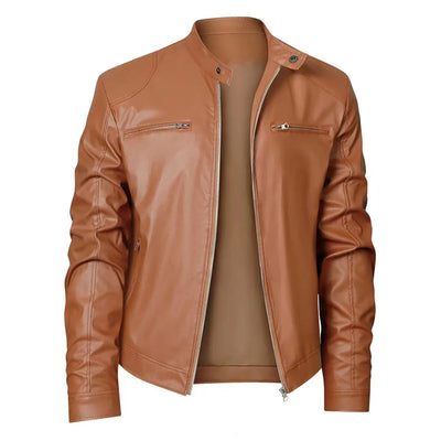 Men's Stand-up Collar Slim Fit Leather Jacket Zipper Pocket Decoration