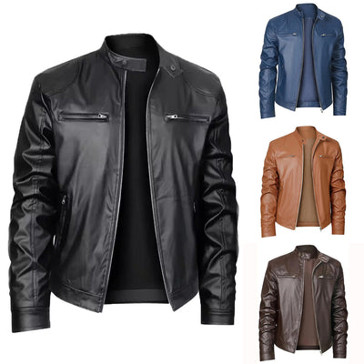 Men's Stand-up Collar Slim Fit Leather Jacket Zipper Pocket Decoration