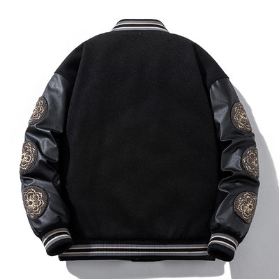 Woolen Baseball Uniform Loose Embroidered PU Coat