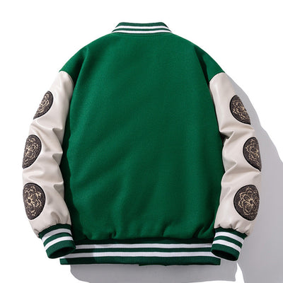 Woolen Baseball Uniform Loose Embroidered PU Coat