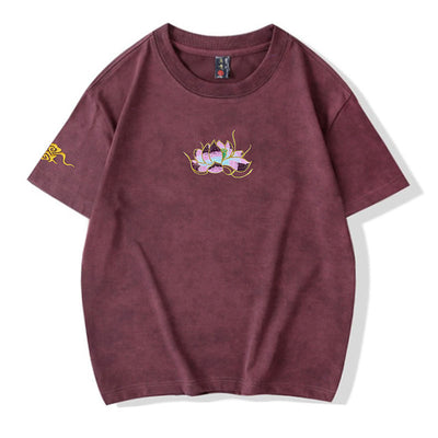 Heavy Embroidery Tie-dyed Washed Lotus Embroidery Short Sleeve
