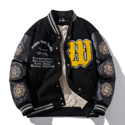 Woolen Baseball Uniform Loose Embroidered PU Coat