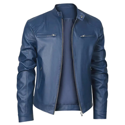 Men's Stand-up Collar Slim Fit Leather Jacket Zipper Pocket Decoration
